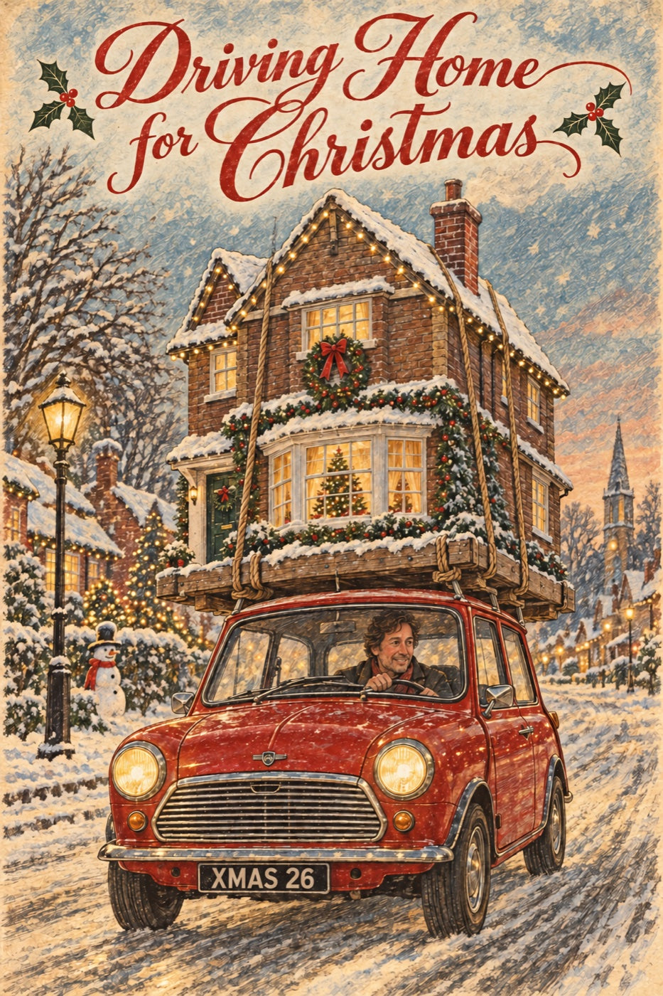 Driving Home for Christmas illustrated Christmas card